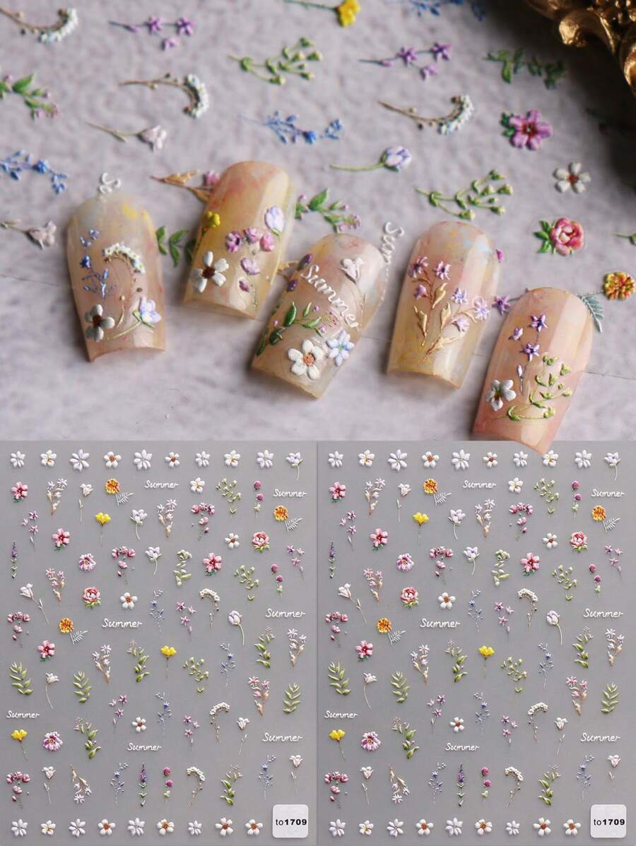 QIANJIKU 2片装春夏花卉浮雕美甲贴纸，5D立体美甲装饰贴，适用于亚克力指甲，女士及女孩美甲用品，节日礼物