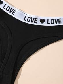 7 Pack Love Heart Letter Print Sexy Knitted Cotton Wide Contrast Waistband Breathable Thong Panties, Daily Sports All Seasons, Black, Soft Women Lingerie - 黑色 - 查看 5