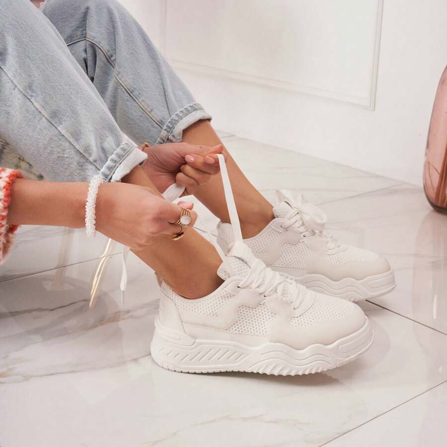 Women's Chunky Sole Sneakers | Comfortable Textured Laces - White - View 1
