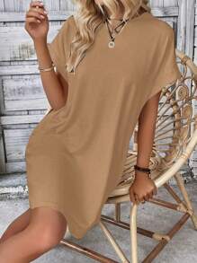 Premium Knit Batwing Sleeve Dress Loose Summer Women's Fashion - Màu nâu  Mocha - Xem 3