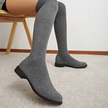 2024年新款秋季女士过膝靴高跟靴弹力粗跟细腿长筒靴 - 灰色 - 查看 6