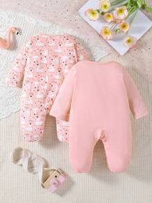 2pcs/Set Cute Cartoon Swan Print Footie Jumpsuit - Baby Pink - View 2