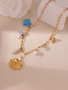 1 件 18K 不锈钢波西米亚风淡水珍珠、贝壳、海星和鱼吊坠项链，适合女性日常和度假佩戴 - 彩色 - 查看 5