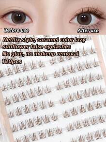 120pcs, Length 10-12mm, Thickness 0.07, C-Curl, Slouchy Sunflower Eyelashes, Caramel Color False Eyelashes, 3D Artificial Mink Eyelashes, DIY Combination, Role Playing, Makeup Artist Recommended, No Glue Needed, Reusable, No Makeup Remover Required, C-Curl False Eyelashes - C - View 2