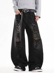 1 件正义兄弟破洞设计休闲宽松阔腿牛仔裤，百搭美式街头风格牛仔裤（不含腰带和配饰） - 黑色 - 查看 2