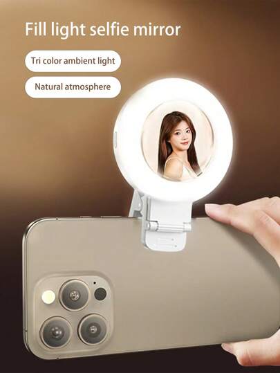 All-In-One Selfie Lighting Enhancer, Featuring Rear Selfie Mirror And Clip-On Fill Light, Designed To Optimize Lighting For Live Streaming And Selfie Photography, Compact And Portable For Easy Quality Improvement