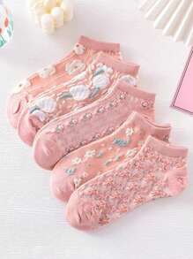 5/10/20 pares Calcetines cortos y versátiles para mujer con patrón de flor 3D en relieve, estilo retro, transpirables