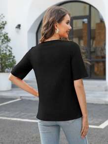 HIGHFINE Women's V Neck Short Sleeves T Shirt  Solid Casual T Shirt - Black - View 2