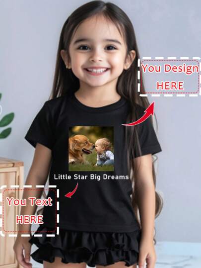 Personalized Graphic & Text Custom-Made, Your Photo, Text Customized, Girls & Kids T-Shirt, Custom Your Selfie/Family/Friend/Pet Photo, Birthday/Holiday Pattern Customized, Team/Outdoor/Sports Customization, Girls & Kids Customized Round Neck Short Sleeve T-Shirt, Holiday Gift, Black Top