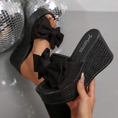 女士蝴蝶结厚底坡跟凉鞋，轻便露趾沙滩休闲户外鞋