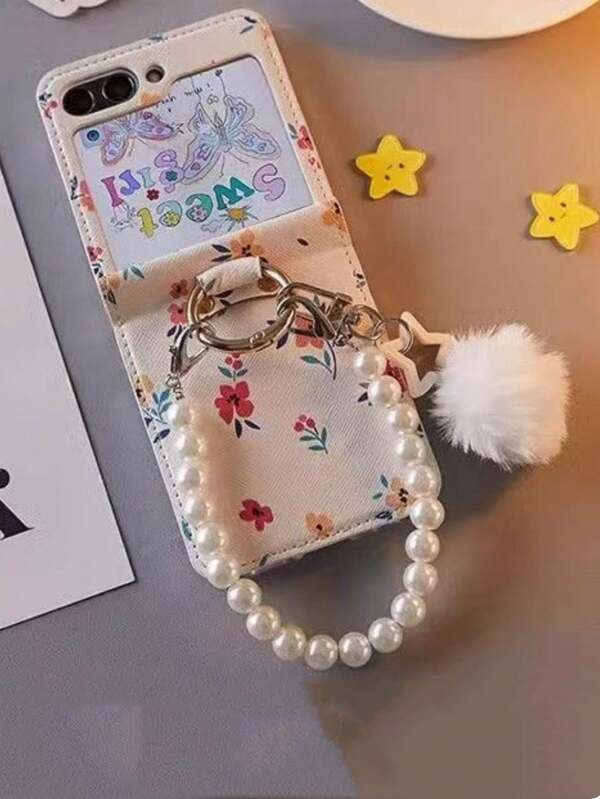 Supports Wireless Charging Cute White Fashionable Hanging Chain With Hanging Hole Cute Lightweight Thin Anti-Drop Compatible With Samsung Galaxy Z Flip6 Folding Protection Mobile Phone Case Compatible With Samsung Galaxy Z Flip 5 Folding Protection Case
