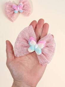 2pcs Yarn Double Layer Girls Hair Bow Clips,Fabric Butterfly Decor Hair Bows Clips For Kids,Fashion Alligator Clips Hair Accessories For Girls