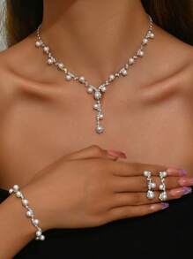 1 Set Fashionable Minimalist Wedding Jewelry Faux Pearl & Diamante Necklace, Earrings, Bracelet Suit For Women Wedding Party