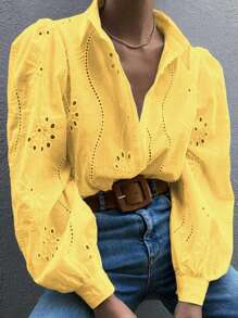 Women's Summer Solid Color Embroidered Hollow Out, Holiday Retro Style Bohemian Embroidery Blouse