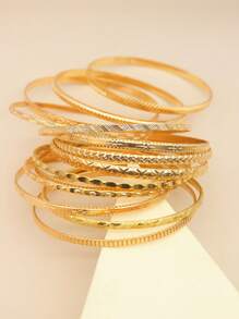 7 件/9 件/10 件/14 件时尚星星和心形图案开口手镯套装，适合女士，多元素几何设计，适合日常佩戴、度假和时尚礼物 - 金黃色 - 查看 2