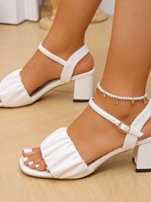 Nuevas sandalias de tacón alto para mujer para el verano, sandalias de cuña con correa de un solo cierre de moda, zapatos versátiles para damas. Últimas sandalias de tacón alto para mujer 2025 con correa de satén con volantes, suela moldeada antideslizante, tacón grueso, hebilla, cómodas y elegantes para vacaciones/exteriores