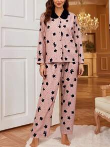 Set de 2 piezas de pijama de mujer para primavera y otoño con manga larga y pantalón largo, cardigan con escote en V, estampado floral teñido anudado, en colores contrastantes, cómodo y de moda