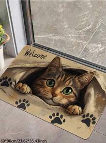 1 Pc Vivid Rectangular Lovely Welcome Cat Pattern Long-Fiber Polyester Door Mat; Machine Washable Carpet;Durable Rug For High Traffic Area; Non-Slip, Stain Resistant & Easy To Care Entryway Area Rug For Living Room, Bedroom,Dining Room, Bathroom, Kitchen, Balcony And More; Crystal Velvet Room Decor Stuff; Ideal Home Decor Stuff Choice
