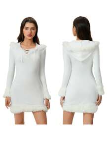 Christmas Costume For Women Mrs Claus Santa Outfit Fancy Fur Trim Dress Suit Xmas Cosplay Party Costumes Plush V-Neck Hooded Skirt Dress