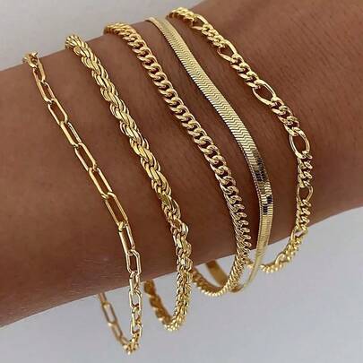1 Set Of 5pcs Boho Style Metal Chain Layered Bracelet For Women