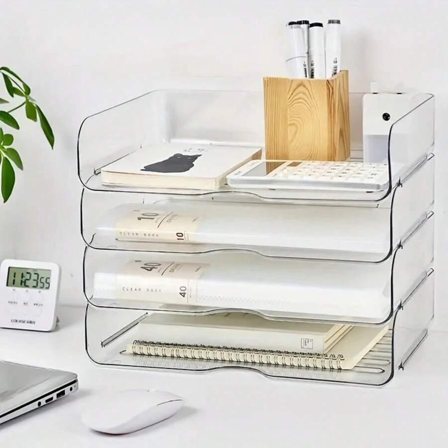 2 Piezas/Bandeja de Archivo de 4 Piezas, Caja de Almacenamiento de Papeles, Bandeja de Cartas, Caja de Almacenamiento de Escritorio Apilable Transparente, Perfecta para Almacenar Papeles, Tabletas, Cartas, Documentos de Oficina, Libros, Notas, Carpetas