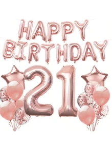 一套成人生日派对装饰气球，玫瑰金数字铝箔气球，包含18岁、21岁、30岁、40岁、50岁、60岁生日派对用品，圣诞主题