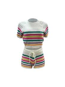 Women Fashion Knitted Striped Vacation Top And Shorts Set Sweater Summer Fashionable Casual Daily Wear - Multicolor - View 3