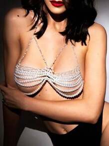 1pc Vintage Sexy Bohemian Pearl Bead Chain Fringed Necklace Backless Bikini Chain Top, Fashion Accessory Suitable For Women