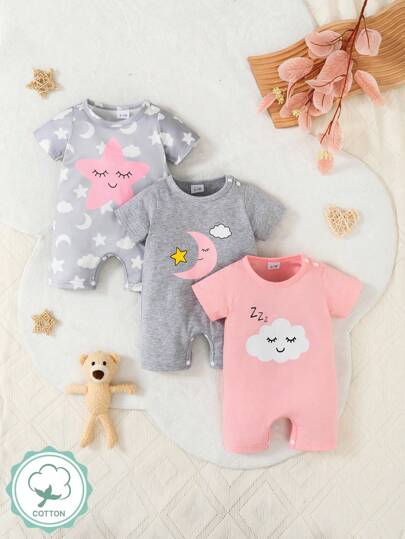 3 件套 新生儿女孩星月云可爱印花短袖连体衣套装