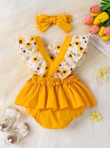 Baby Girls' Cute Square Collar Floral Ruffled Romper With Headband, Casual Style, Spring/Summer