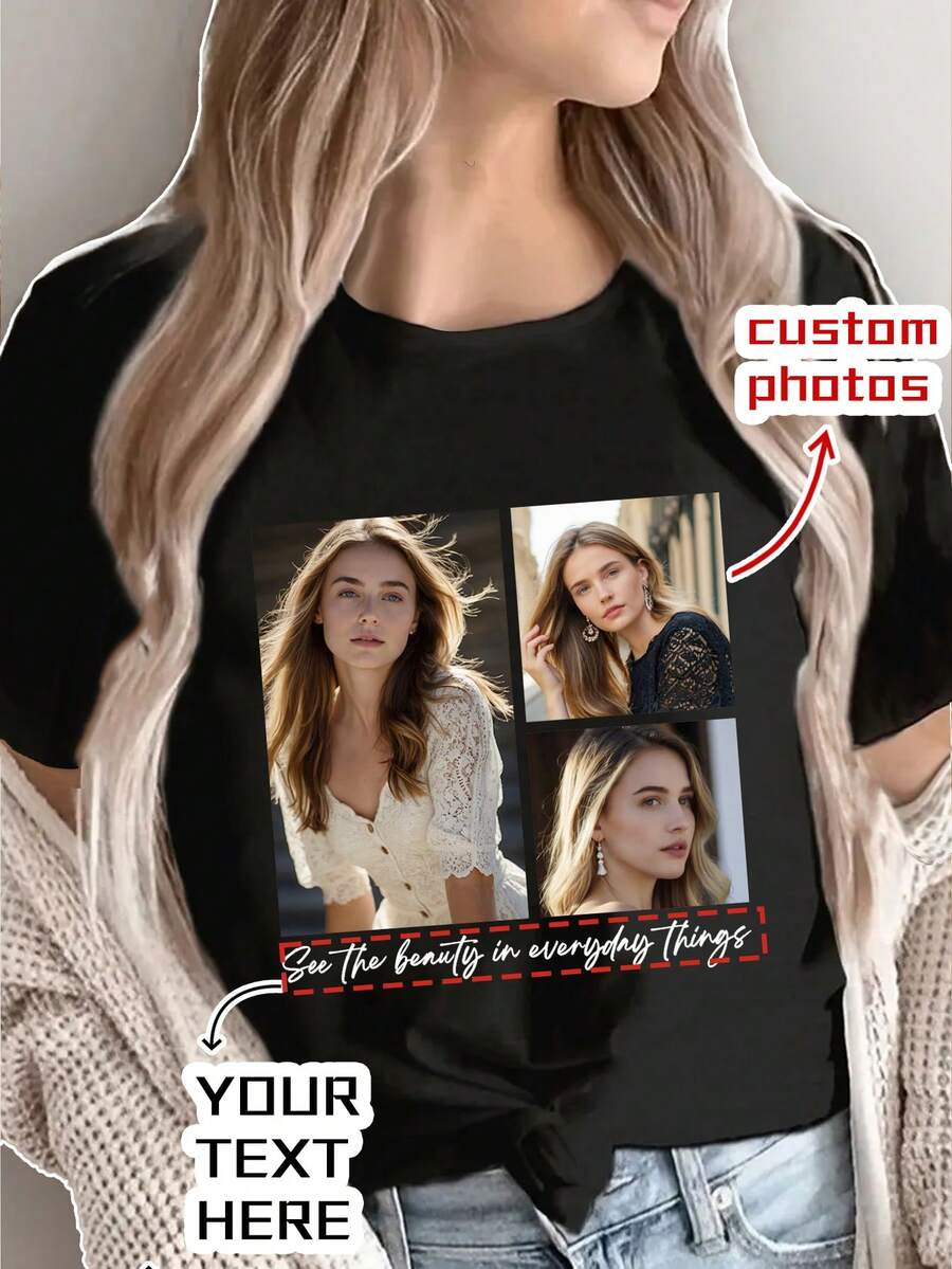 可定制照片 T 恤 - 可定制婴儿/情侣/家人/宠物/朋友的照片，适合家庭聚会、婚礼、母亲节、父亲节、挚友礼物、周年纪念礼物、情人节礼物、送给她的礼物、黑色上衣、秋装、秋季上衣、女式上衣 - 黑色 - 查看 1