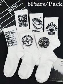 6 双男士白色字母图案中筒袜，学院风情侣运动袜 - 白色 - 查看 2