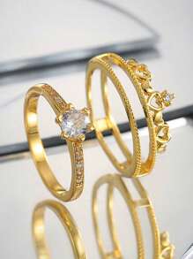 Coffret cadeau Bagues pour femmes, bagues de mariage glamour et brillantes en cubic zirconia cubique en forme de cœur et de couronne, convenant pour le mariage et les cadeaux de la Saint-Valentin - Doré - Voir 8