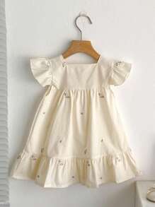Robe de princesse d'été à manches courtes pour filles, avec fleurs discrètes brodées - Nude - Voir 3