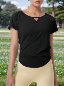 Women Summer New T-Shirt, Comfortable Back Slit Mesh Tie-Up Backless Hollow See-Through Fitness Tops - Black - View 5