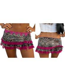 Women's Vintage Leopard Print Mini Skirt Low Waist Ruffle Drawstring Lace Irregular Hem Y2K Short Skirt - Purple - View 8