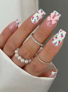 Rosas de color rosa dulce, diseño de lazo 3D en uñas, un imprescindible para fiestas diarias y citas de boda, reutilizable con lima de uñas y pegamento de gelatina, juego de 24 uñas postizas