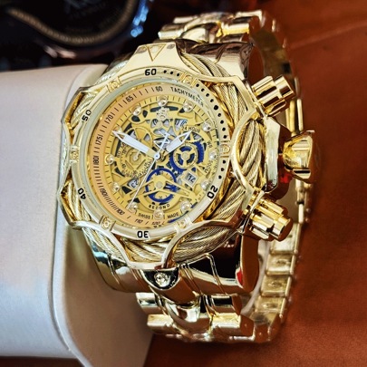 FENSIR 1pc Men's Quartz Watch, Large Dial, Punk Style Joker Design, Date Display, Luminous, Stainless Steel Strap, Quartz Watch