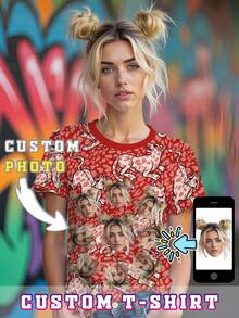Women Custom Photo T-Shirt Fashion Personalized Top Shirts 3D Retro Leopard Print Tees Add Your Photos To Design Custom Short Sleeve T-Shirts Daily Casual - Red - View 1
