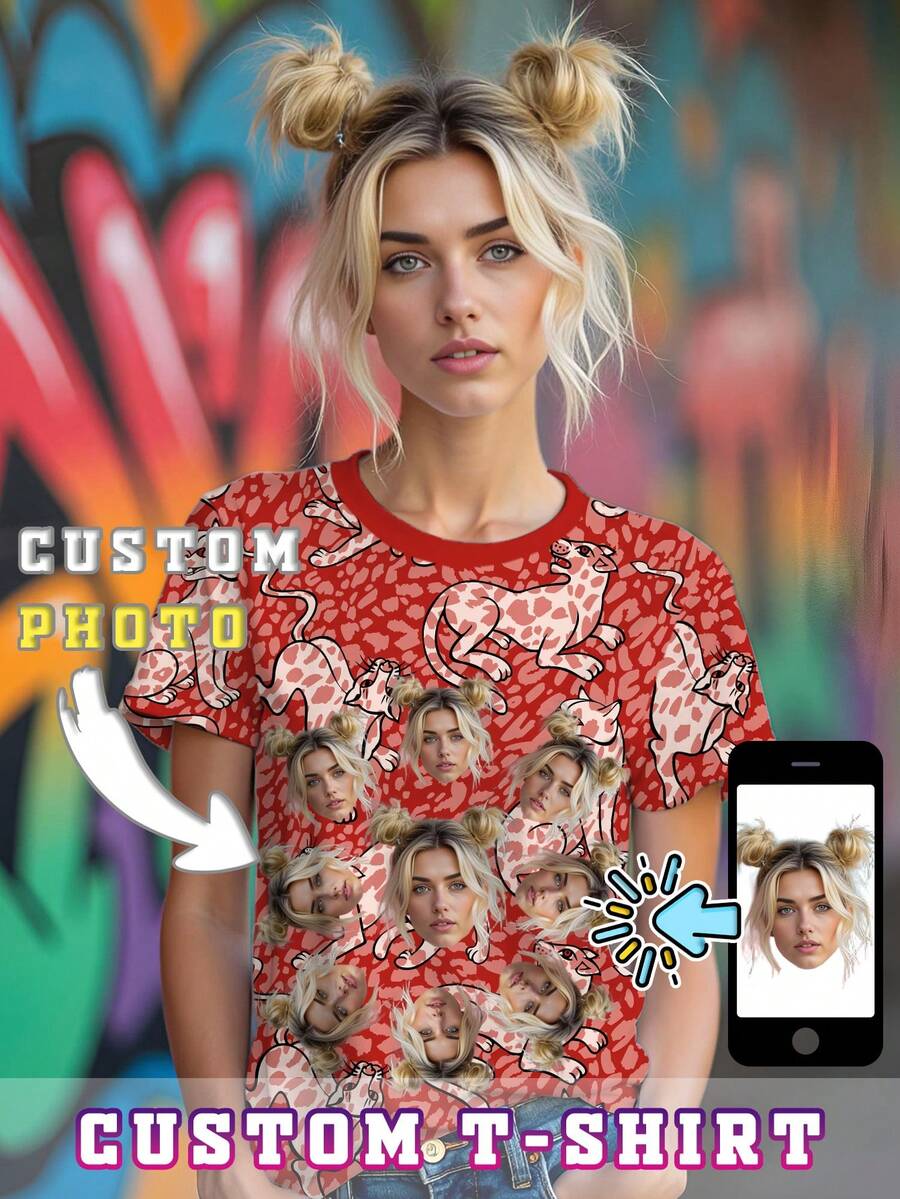 Women Custom Photo T-Shirt Fashion Personalized Top Shirts 3D Retro Leopard Print Tees Add Your Photos To Design Custom Short Sleeve T-Shirts Daily Casual - Red - View 1