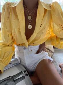 Women's Summer Solid Color Embroidered Hollow Out, Holiday Retro Style Bohemian Embroidery Blouse