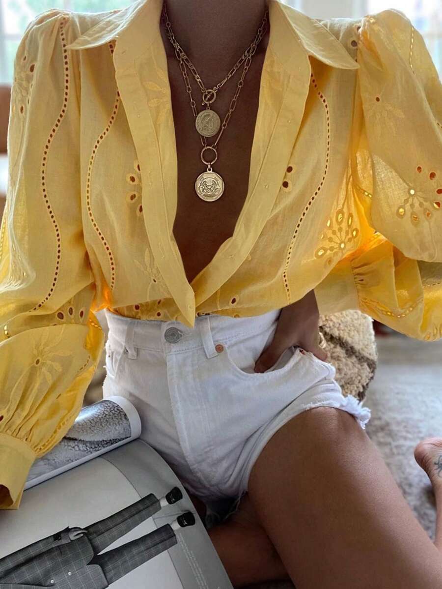 Women's Summer Solid Color Embroidered Hollow Out, Holiday Retro Style Bohemian Embroidery Blouse