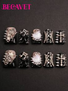 Y2K Begavet New 10Pcs Duck Nails Handmade Salon Quality Press On Nails Black Punk Nails Exclusive Design 3D Nails With 3D Charms, Suitable For Valentine, New Year Parties/Music Festival And Daily Wear Nail Supplies Nails - Black - View 2