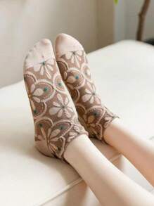 5/10/20 pares Calcetines cortos y versátiles para mujer con patrón de flor 3D en relieve, estilo retro, transpirables
