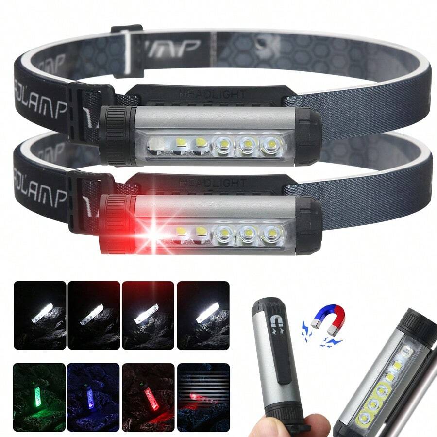 1pc New 3-Light Source LED Headlamp With Magnet, Mini Flashlight, USB Rechargeable, Multi-Function Pen Light, Cap Clip Light
