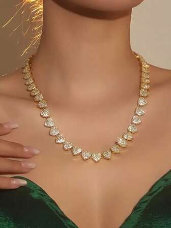 1 件女士奢华水钻链项链 - 优雅金色心形吊坠，镶嵌闪亮水钻，适合派对和日常搭配