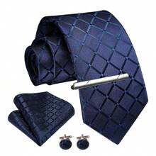 4pcs/Set Men's Fashion Plaid Necktie, Silk Satin Tie, Pocket Square, Cufflinks And Silvery Tie Clip Combo Gift Set, Suitable For Groom, Groomsman, Wedding, Business, Graduation, Evening Party, Perfectly Match Tuxedo To Make You Stand Out - Four-piece Set - View 16