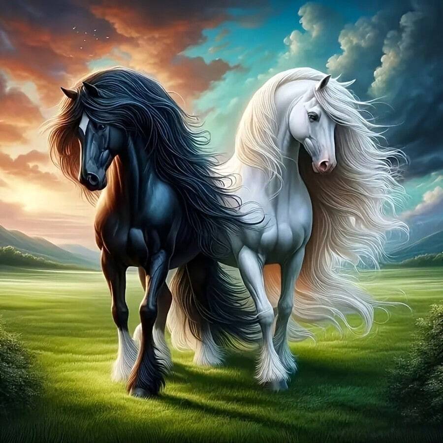 Zestaw do malowania diamentami 5D DIY, czarno-biały koń, pełna mozaika diamentowa, akrylowy okrągły diament, dekoracja ścienna z motywem zwierzęcym, odpowiedni do domu i biura