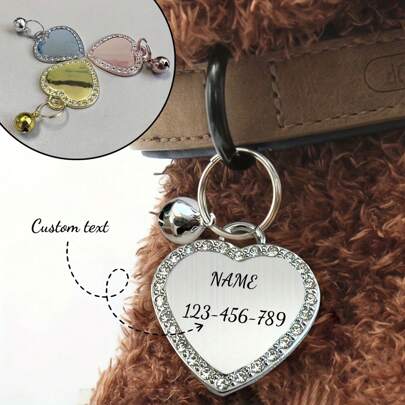 1pc Personalized Heart-Shaped Pet ID Tag, Zinc Alloy Material With Rhinestones And Bell, Dog And Cat Collar Pendant, Engraved Pet Name And Contact Info, Accessory To Prevent Pet Loss, Ideal Pet Gift
