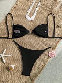 Women's Sexy Bikini 2 Pieces Set, With Glossy Accessories And Special Fabric - Black - View 2